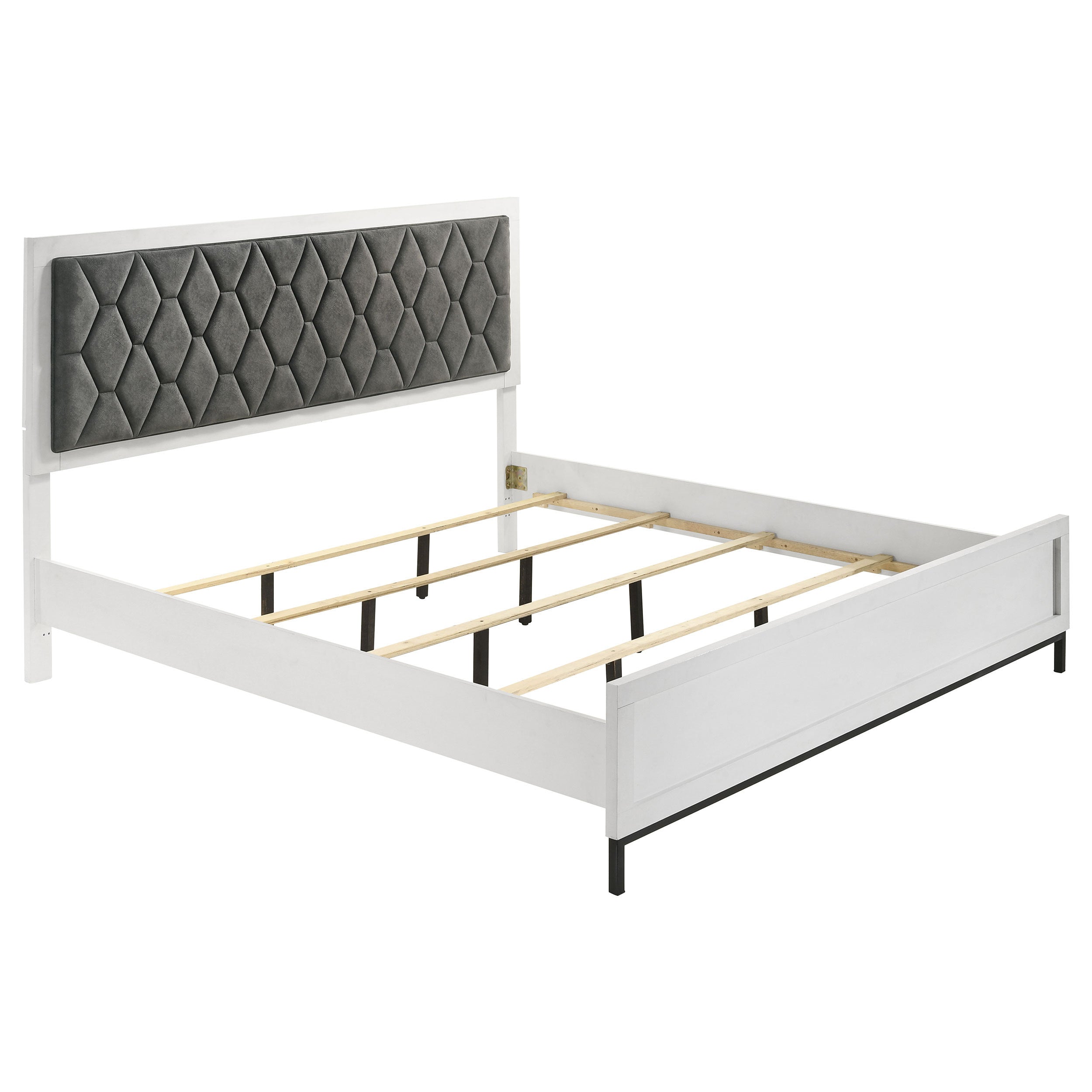California King bed frame in white wood with dark gray diamond-tufted upholstered headboard and metal supports.