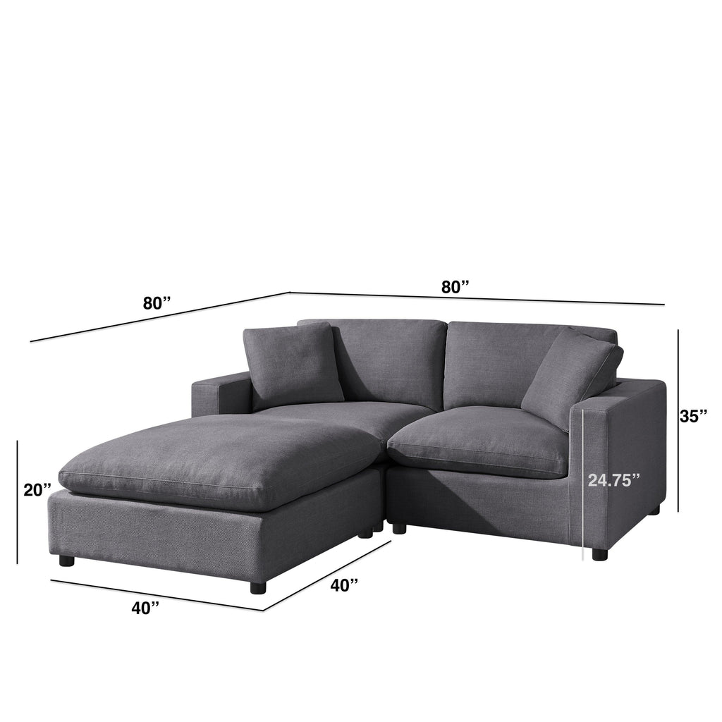 Cassandra Modular 3-Piece Chofa in Charcoal Grey with Solid Hardwood Frame and Plush Fabric Upholstery.