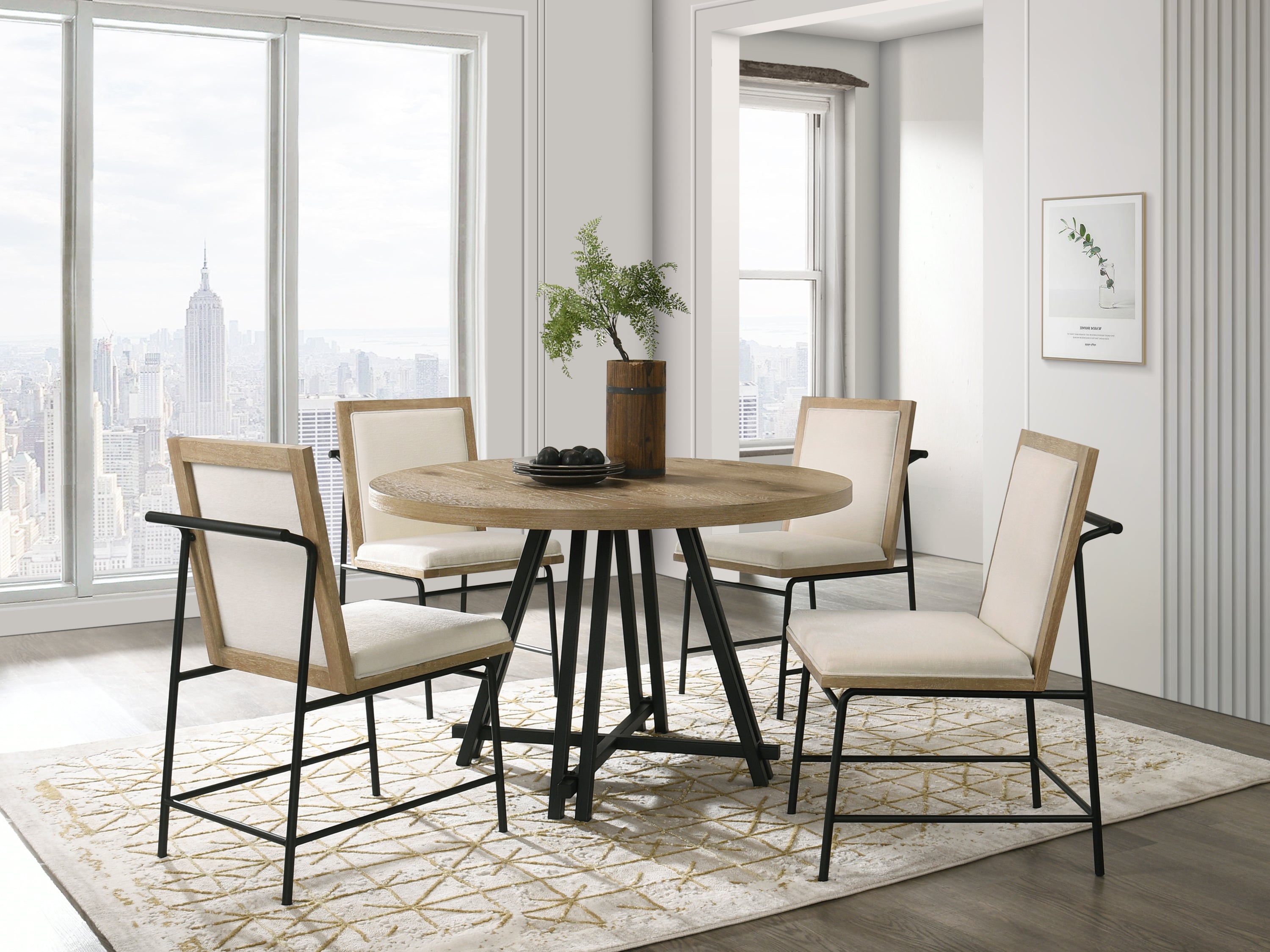Round Oak Dining Table Set with cream upholstered chairs in a modern high-rise dining room. Ideal for rustic or contemporary interiors.
