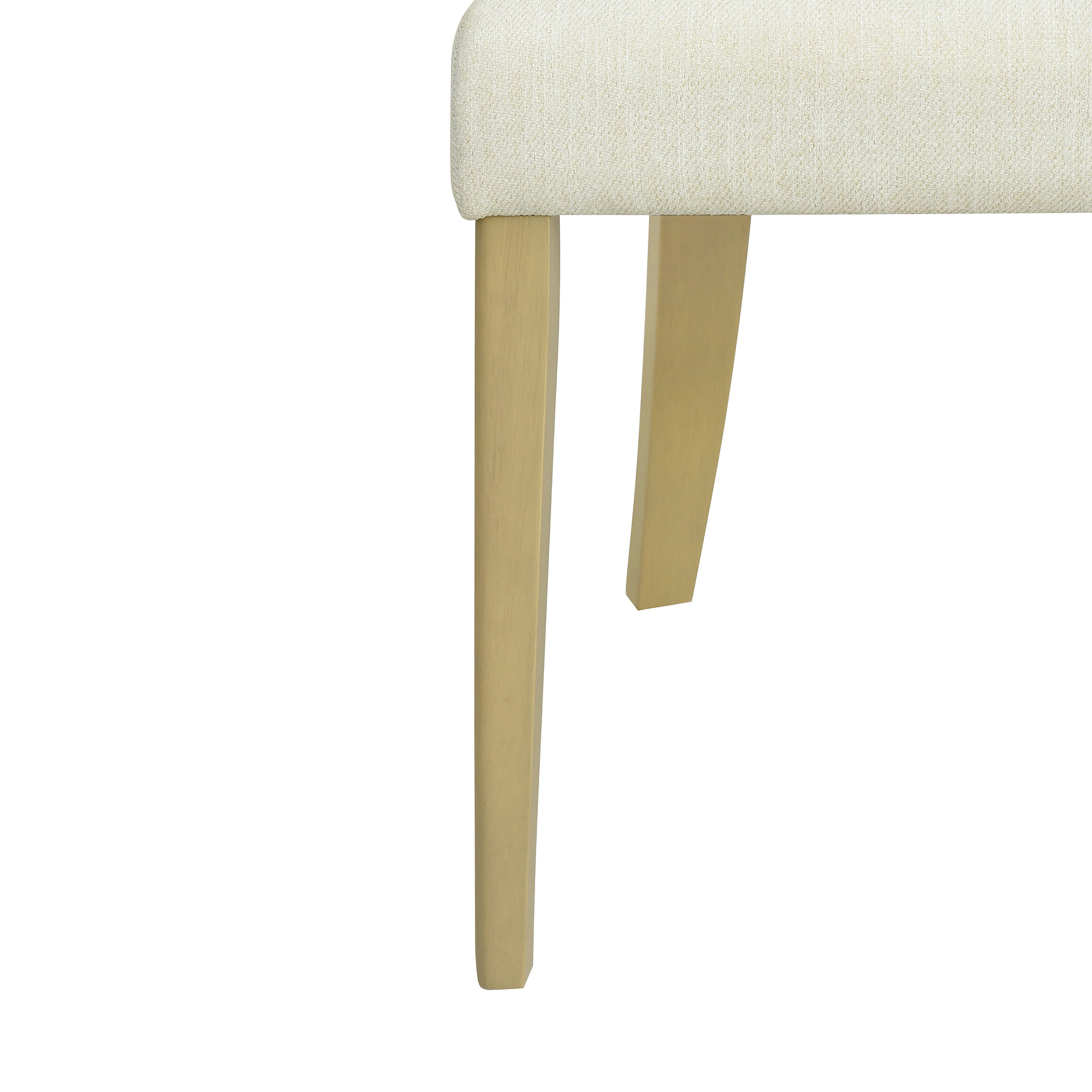 Close-up of the leg and seat corner of a contemporary dining chair, showing the light ash wood finish and beige fabric texture.