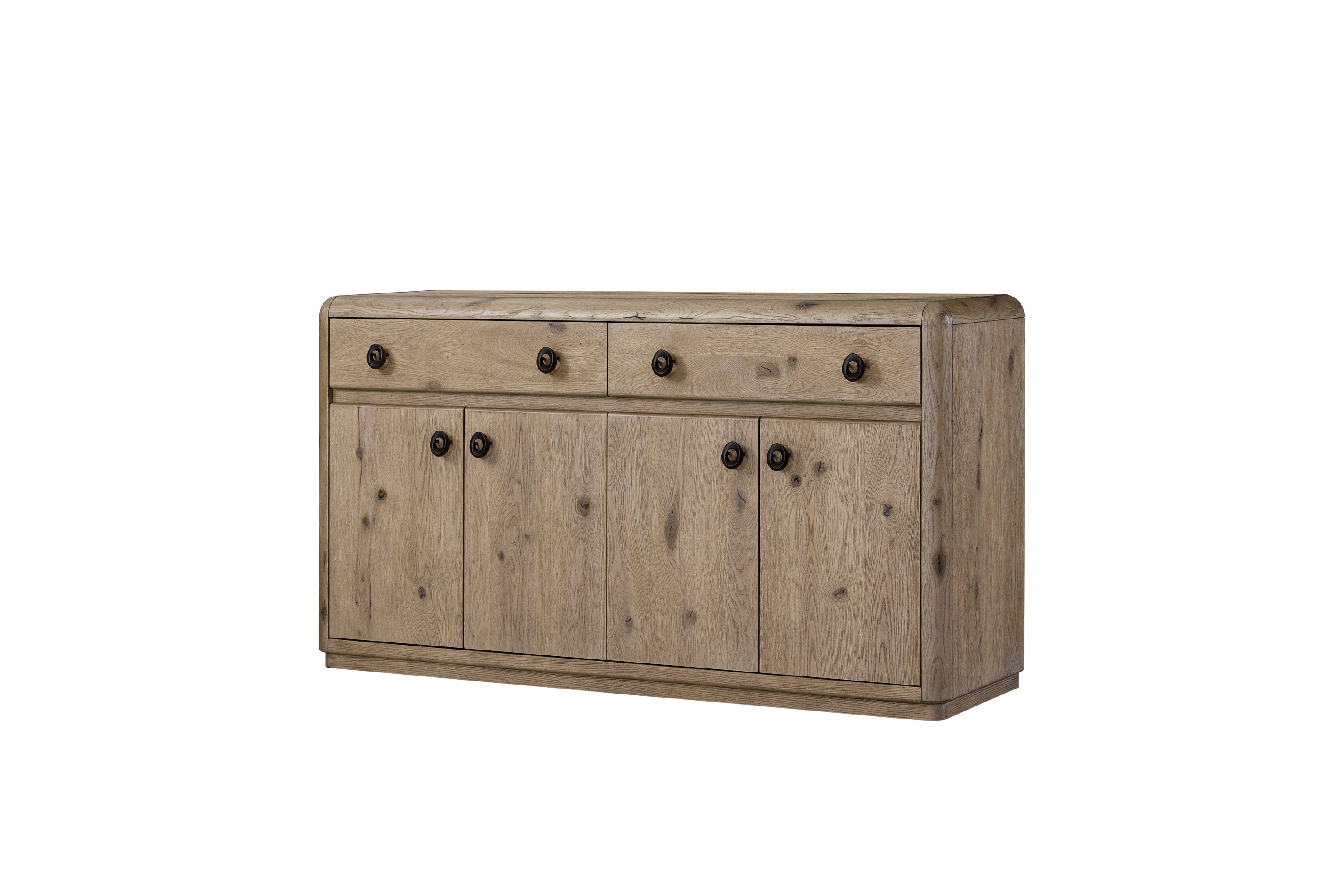 Knotty Oak Veneer Server - English Style with solid wood and MDF construction, shown closed with sleek rounded edges and ample storage.