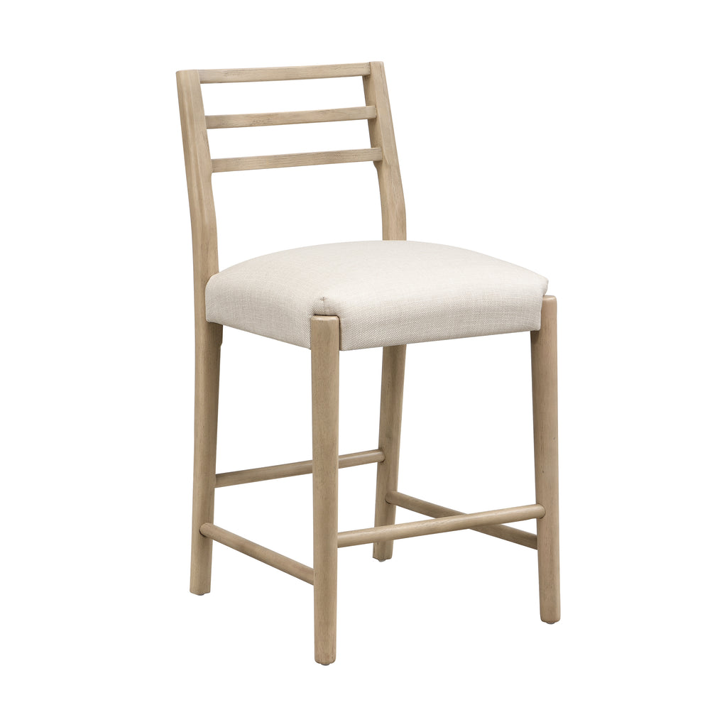Angled view of ladder back counter stool with soft upholstered seat and sturdy wooden legs. Perfect for casual dining spaces.