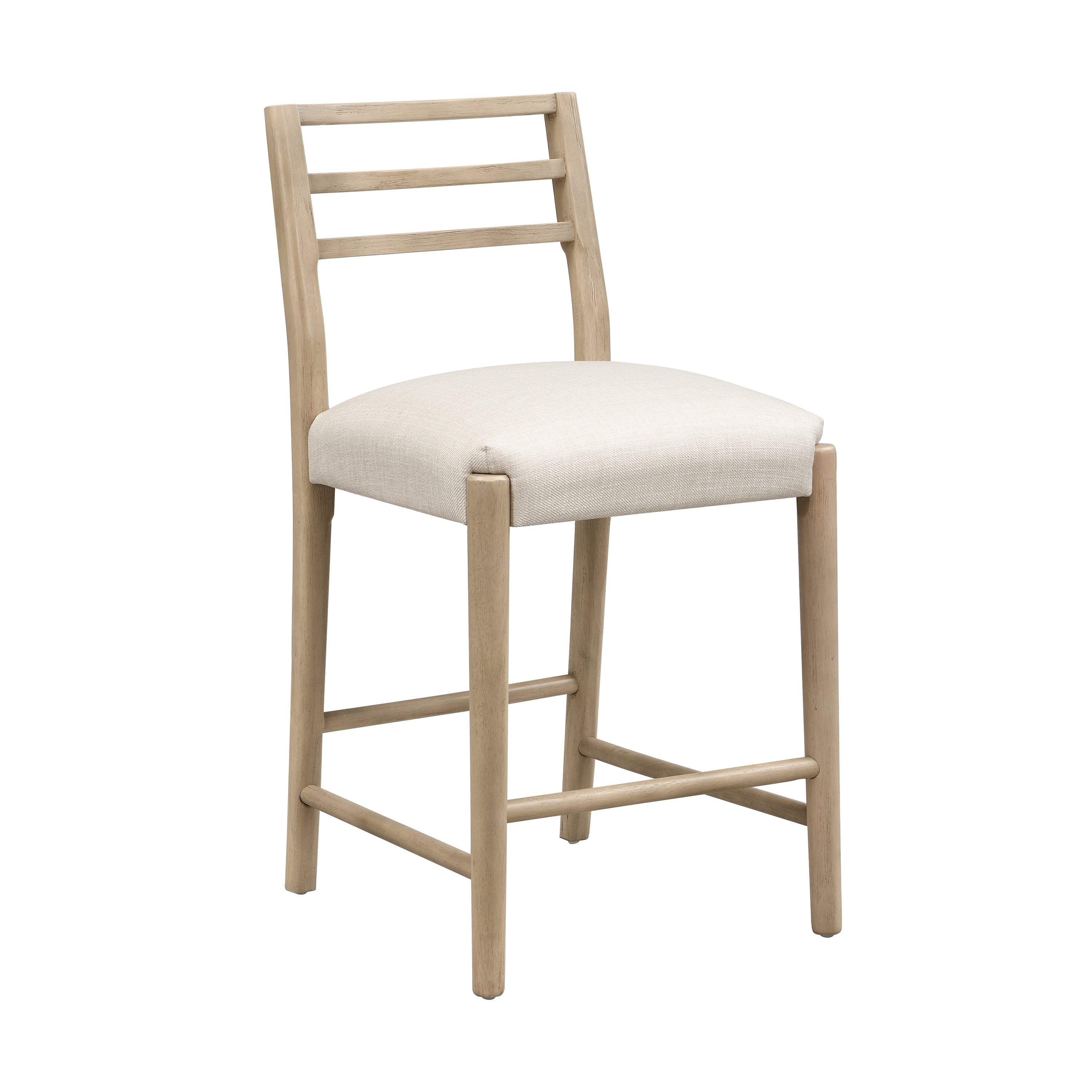 Angled view of ladder back counter stool with soft upholstered seat and sturdy wooden legs. Perfect for casual dining spaces.