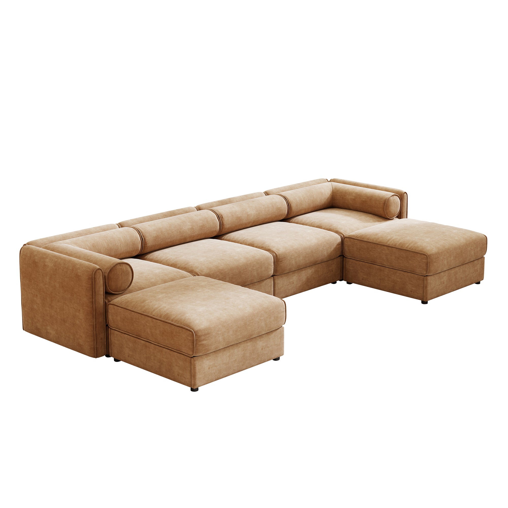 Camel chenille modular U-shaped sectional sofa with deep seats, storage ottomans, and cylindrical back cushions.