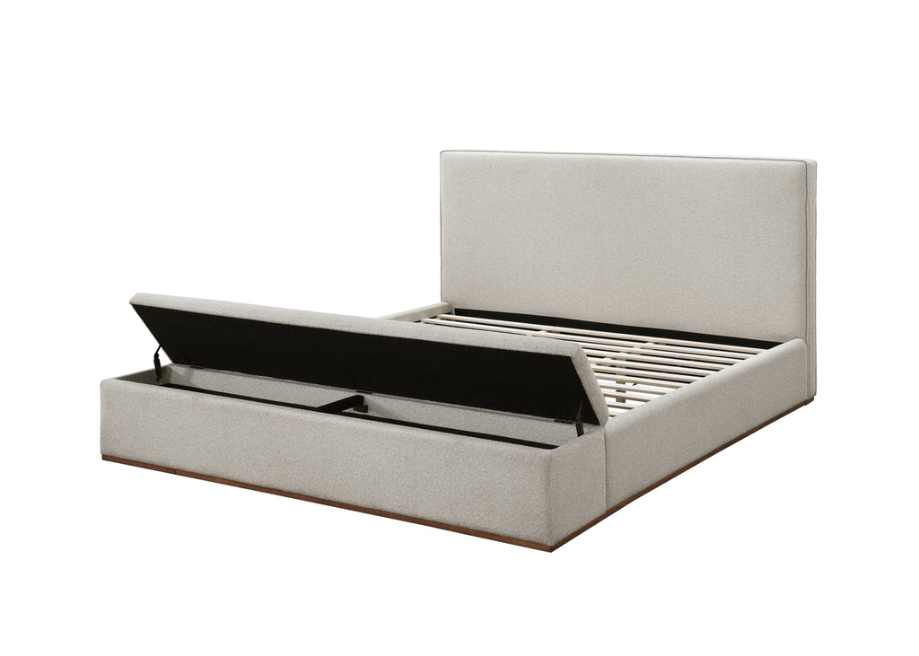 Boxter Beige Linen Queen Bed with Storage shown with open storage bench and slatted base, ideal for space-saving bedrooms.