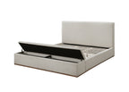 Boxter Beige Linen Queen Bed with Storage shown with open storage bench and slatted base, ideal for space-saving bedrooms.