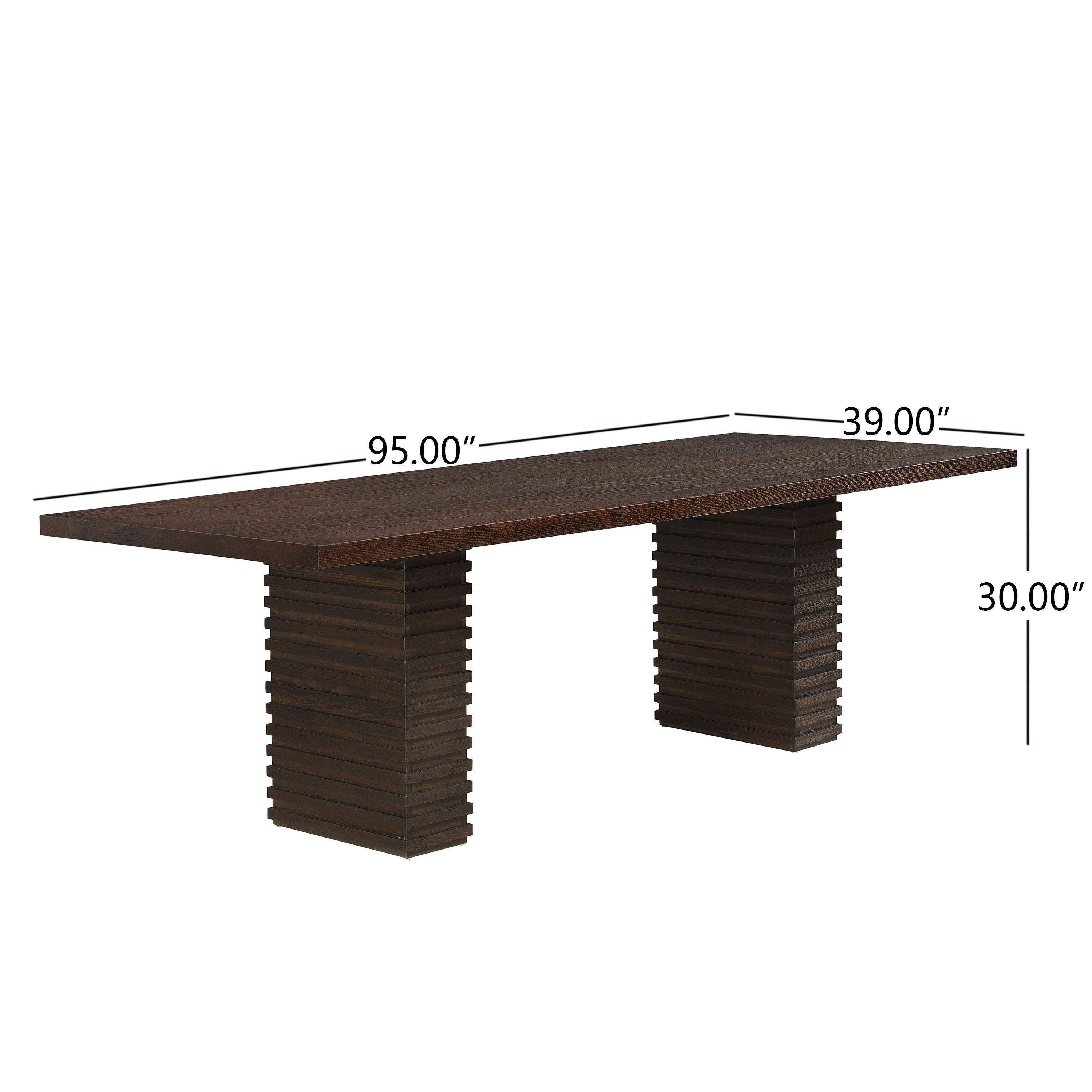 Espresso 95-Inch Dining Table dimensions: 95 inches long, 39 inches wide, 30 inches high, ideal for seating 8 in a modern dining room.