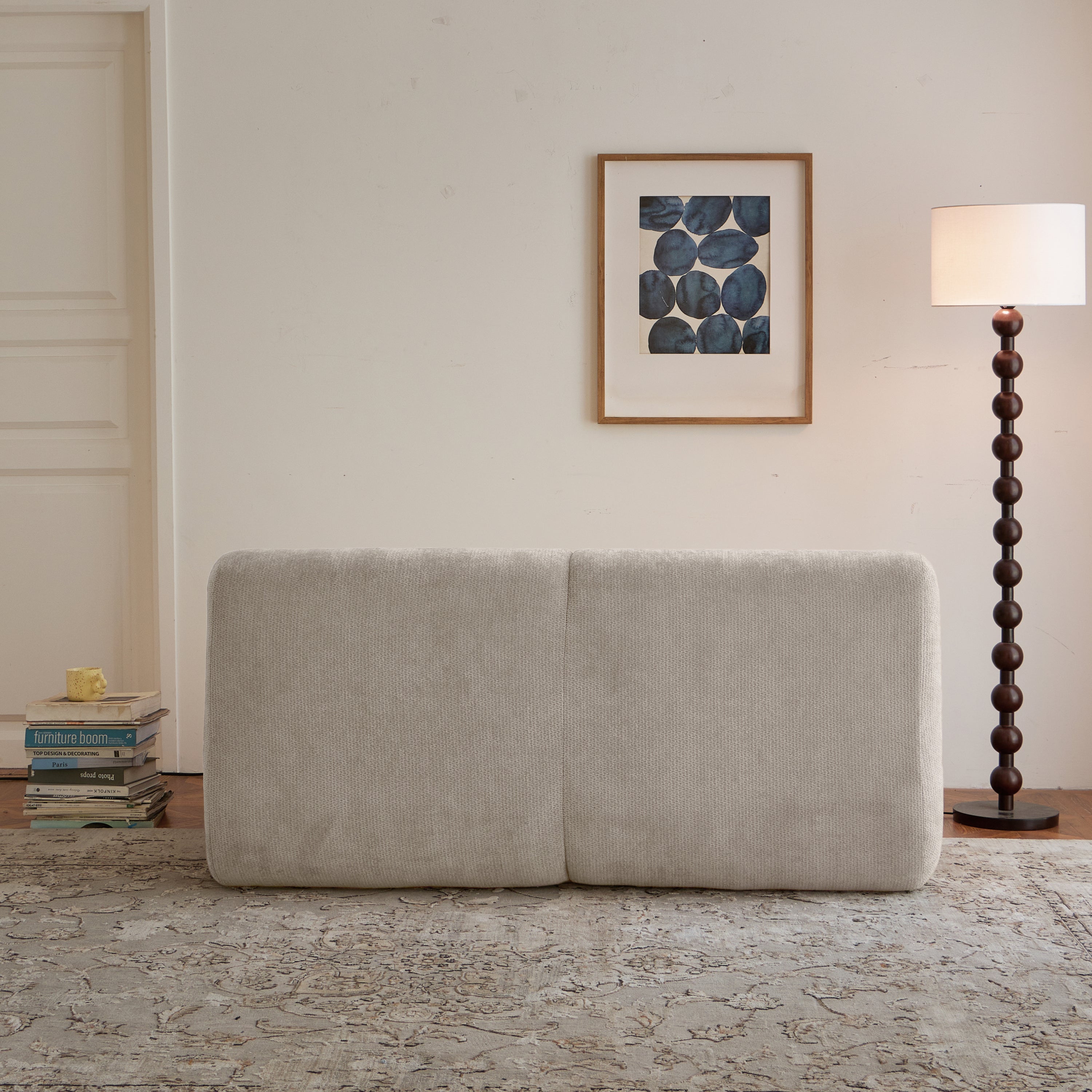 Back view of beige 2-seater memory foam sofa with smooth chenille fabric, designed for easy transport and no assembly required.