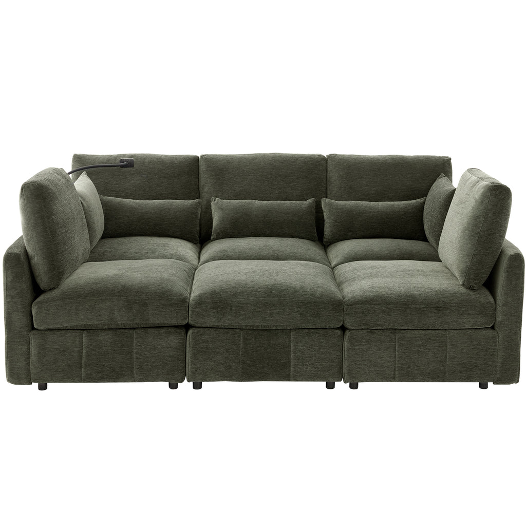 Modern olive green chenille modular sectional sofa with plush cushions, USB ports, and built-in phone holder.