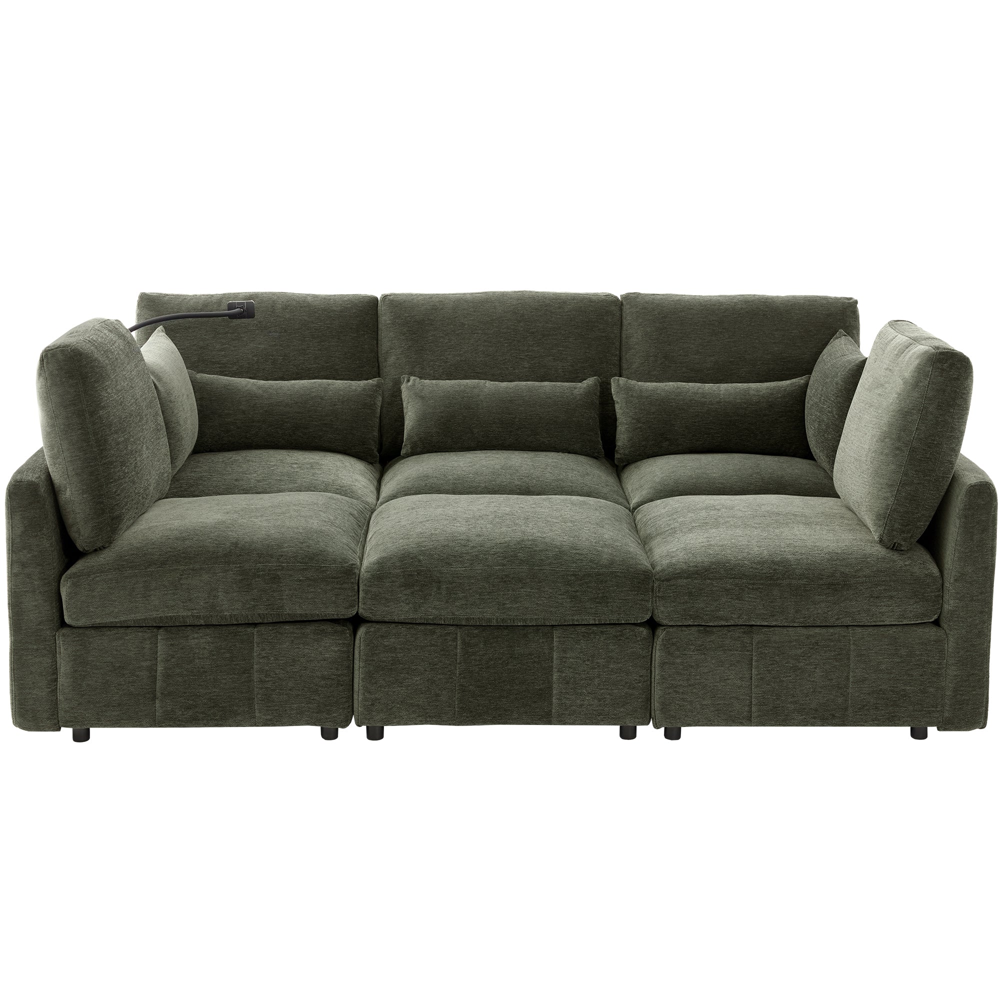 Modern olive green chenille modular sectional sofa with plush cushions, USB ports, and built-in phone holder.