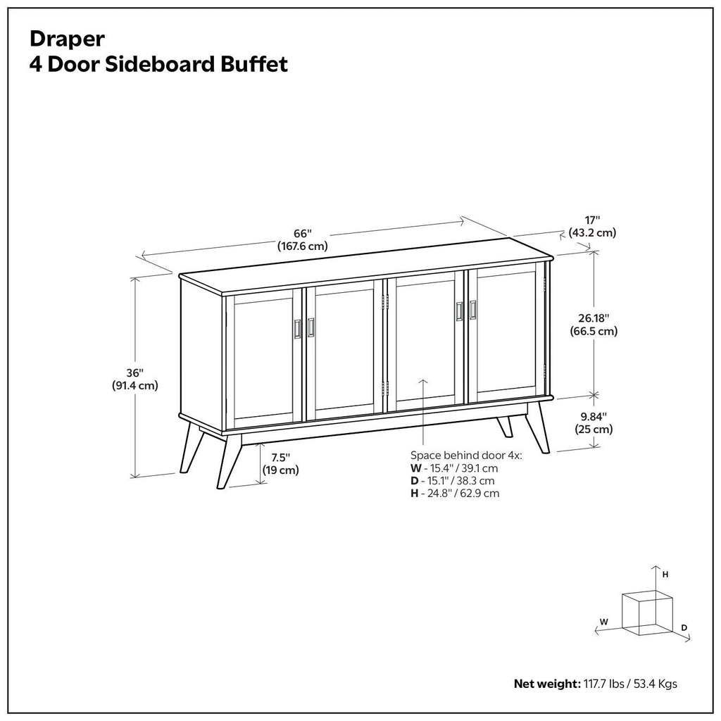 Draper Mid Century Sideboard Buffet with 4 Doors.