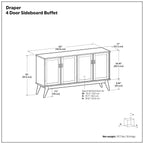 Draper Mid Century Sideboard Buffet with 4 Doors.