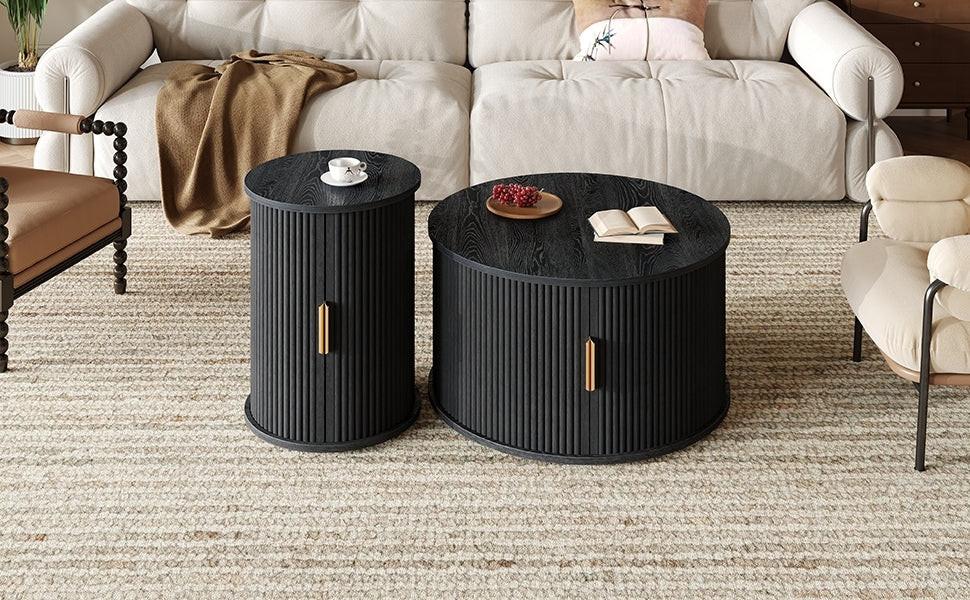 [Assembly Video] Mid-Century Coffee Table Set with Sliding Tambour Door, Round Fluted End Table With Storage, Golden Handle Tall & Low Side Table with Wooden Finish for Living Room, Set of Two, Black
