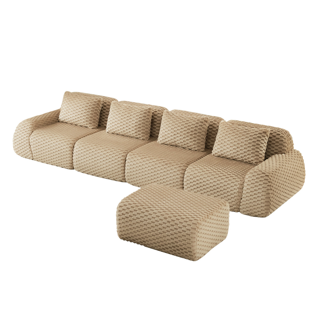 Full set of the Modern L-Shaped Modular Sofa - Oversize 4-Seater Couch with matching ottoman in light camel fabric.