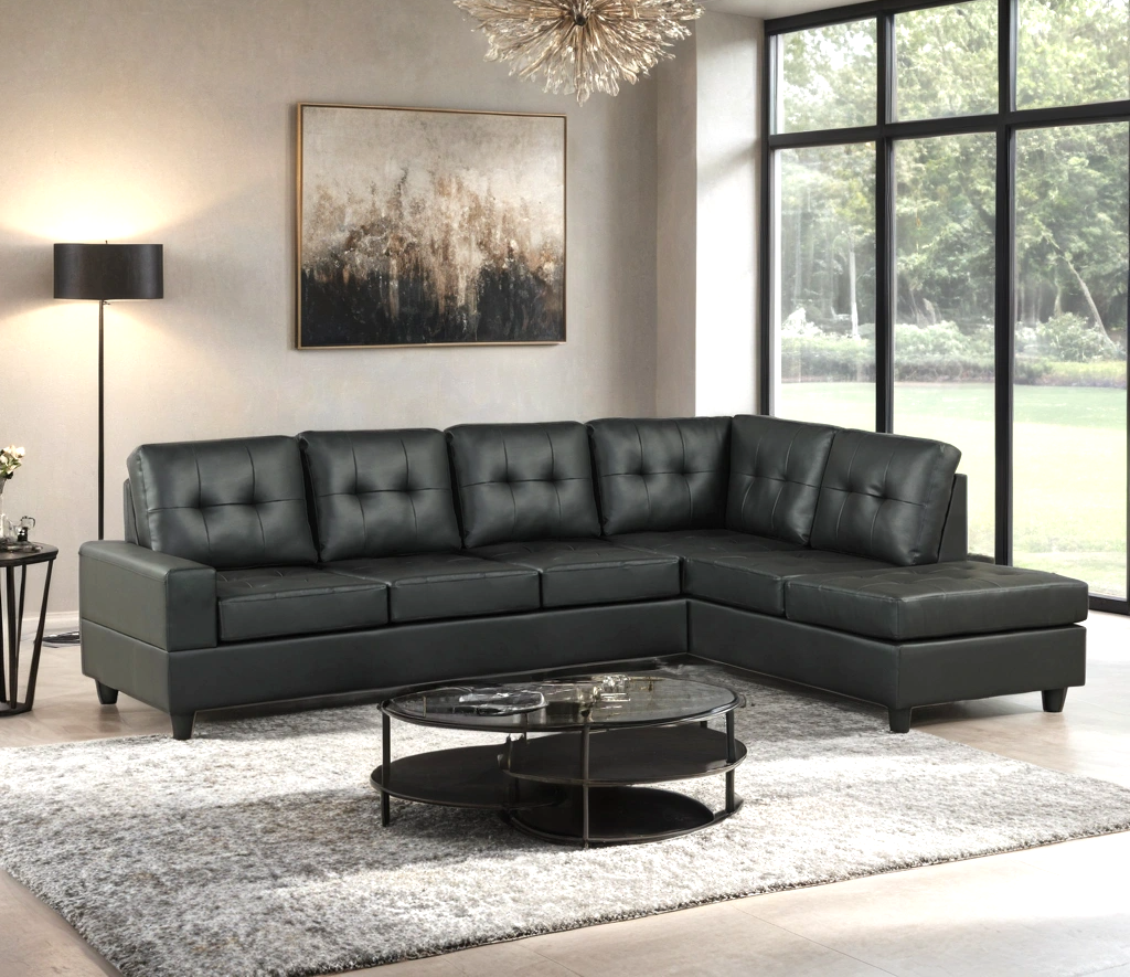 Modern 5-Seater Black Faux Leather Sectional with Reversible Chaise