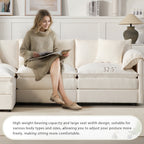 Woman sitting on Chenille Modular Sofa with 32.5-inch deep seat, highlighting comfort and support for various body types and postures.