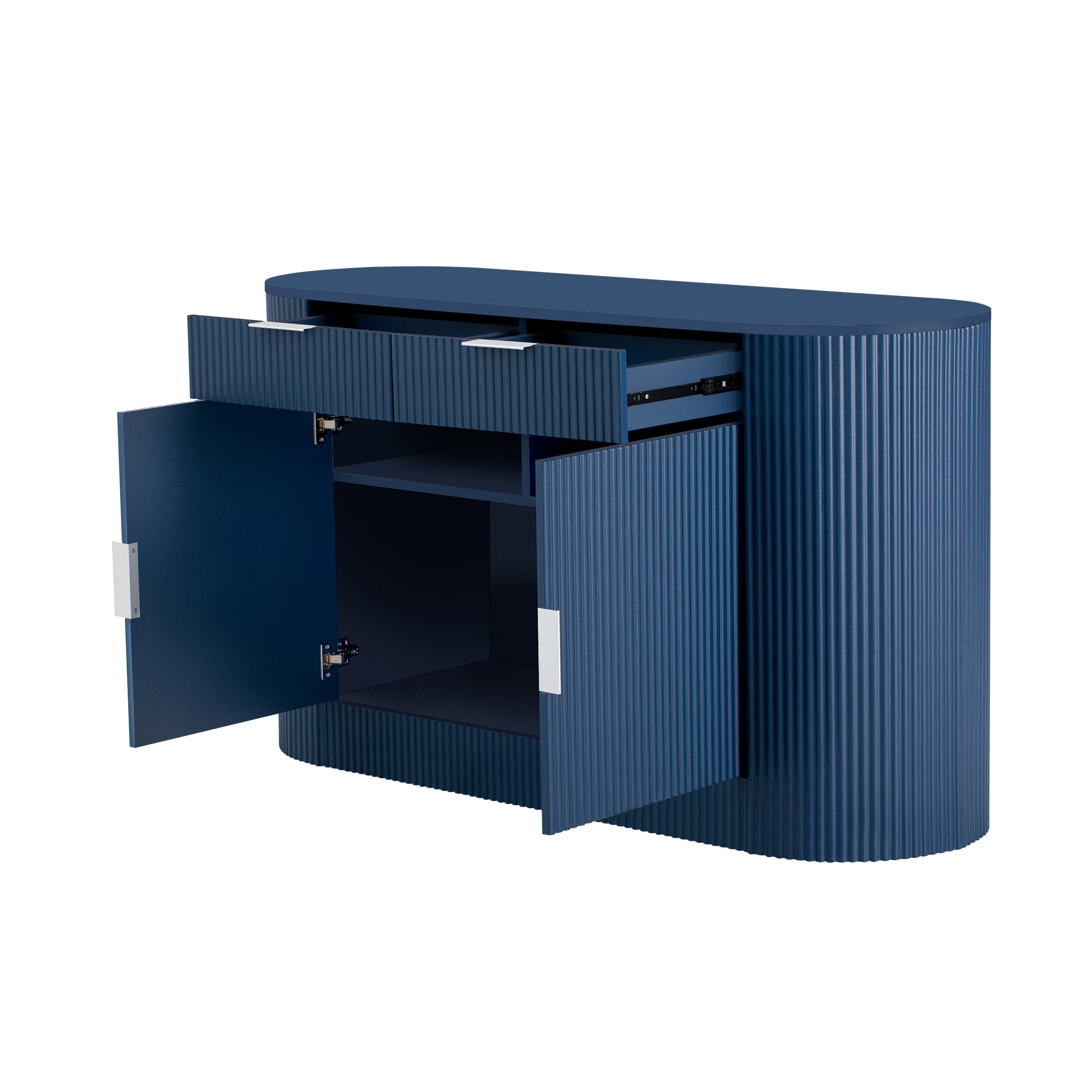 Modern MDF cabinet with open drawers and doors, showcasing internal storage space and curved side compartments.