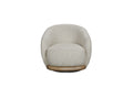 Modern barrel accent chair in textured Amazon feather fabric with a rounded wood swivel base against a white background.