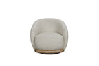 Modern barrel accent chair in textured Amazon feather fabric with a rounded wood swivel base against a white background.