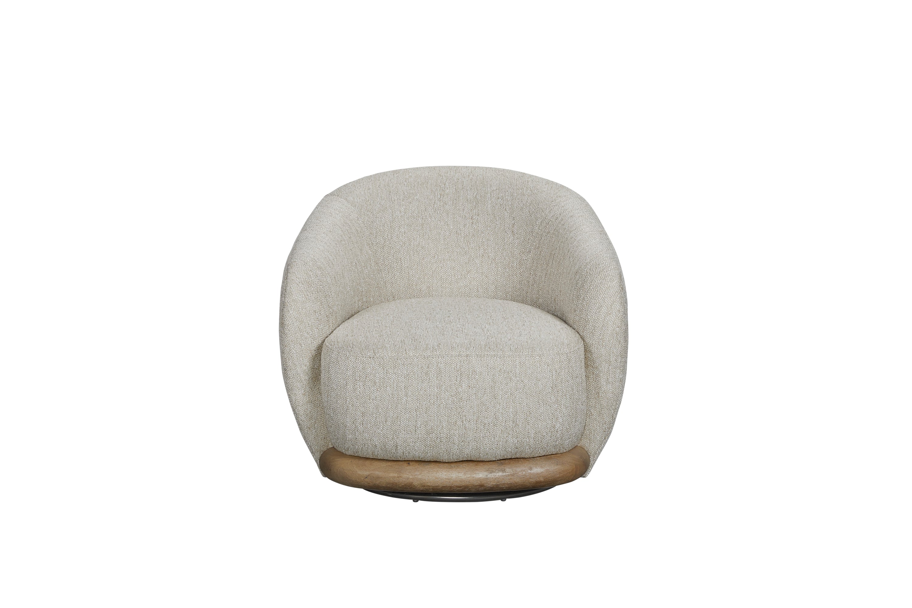 Modern barrel accent chair in textured Amazon feather fabric with a rounded wood swivel base against a white background.