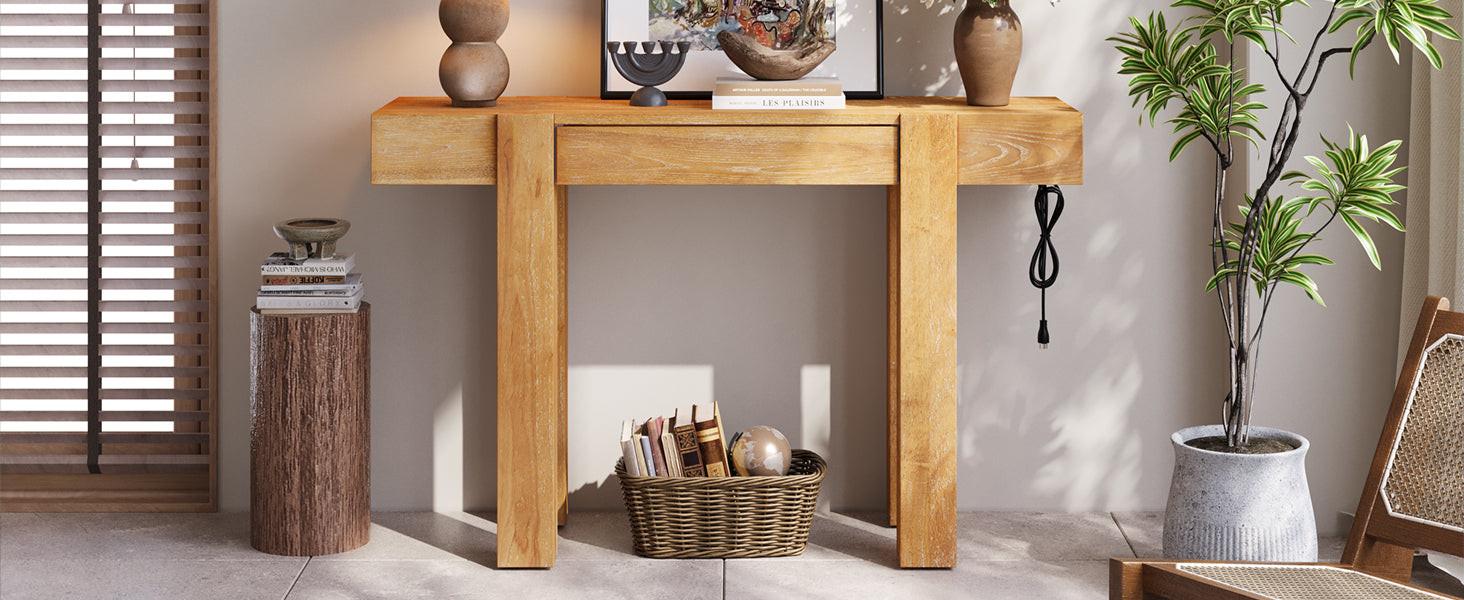 Rustic Wood Console Table with Outlet & Hidden Drawer.