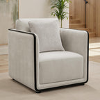 Contemporary taupe accent chair with high-density foam, black trim detailing, and a matching back pillow.