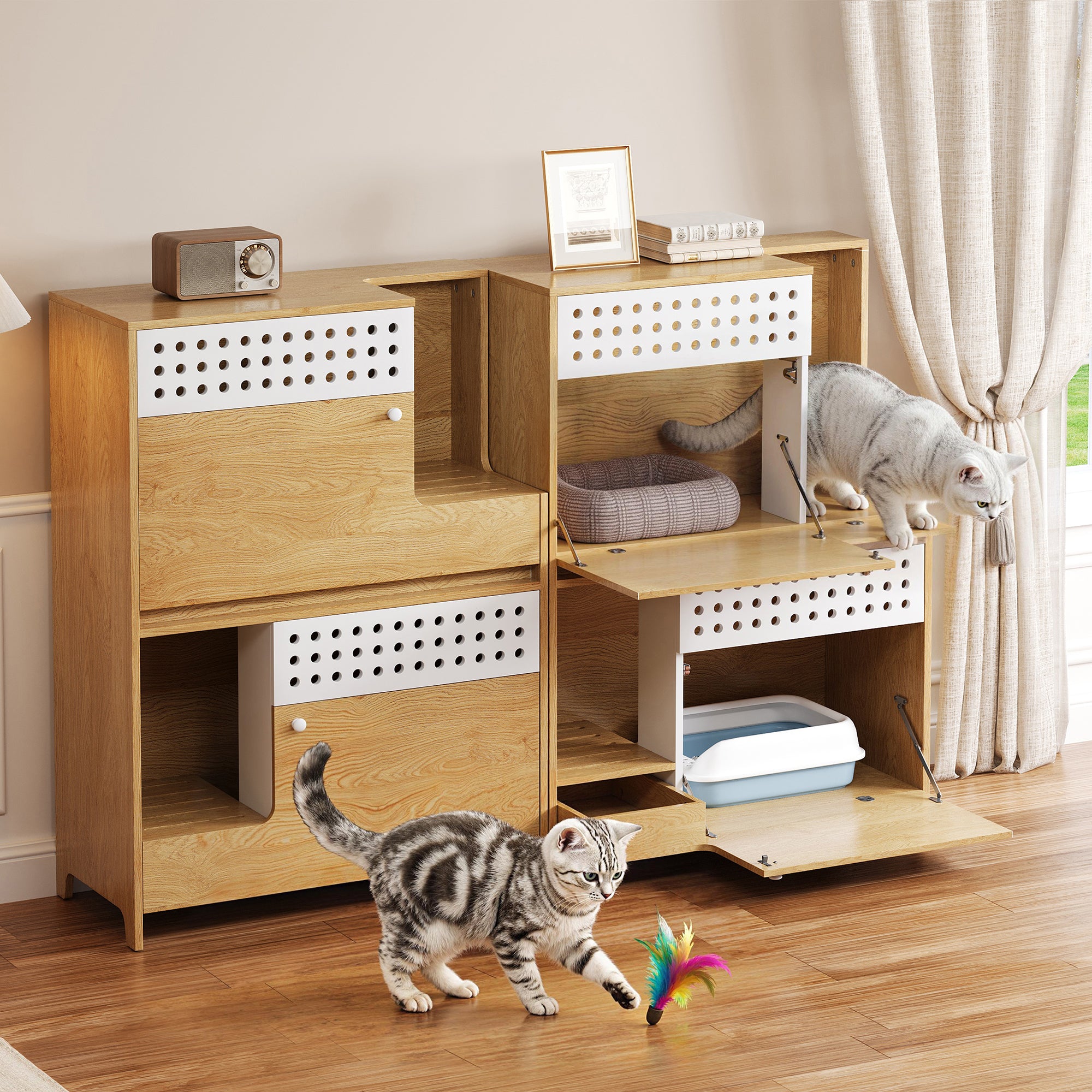 2-Piece Natural MDF Cat Litter Box Enclosure and Side Table Set