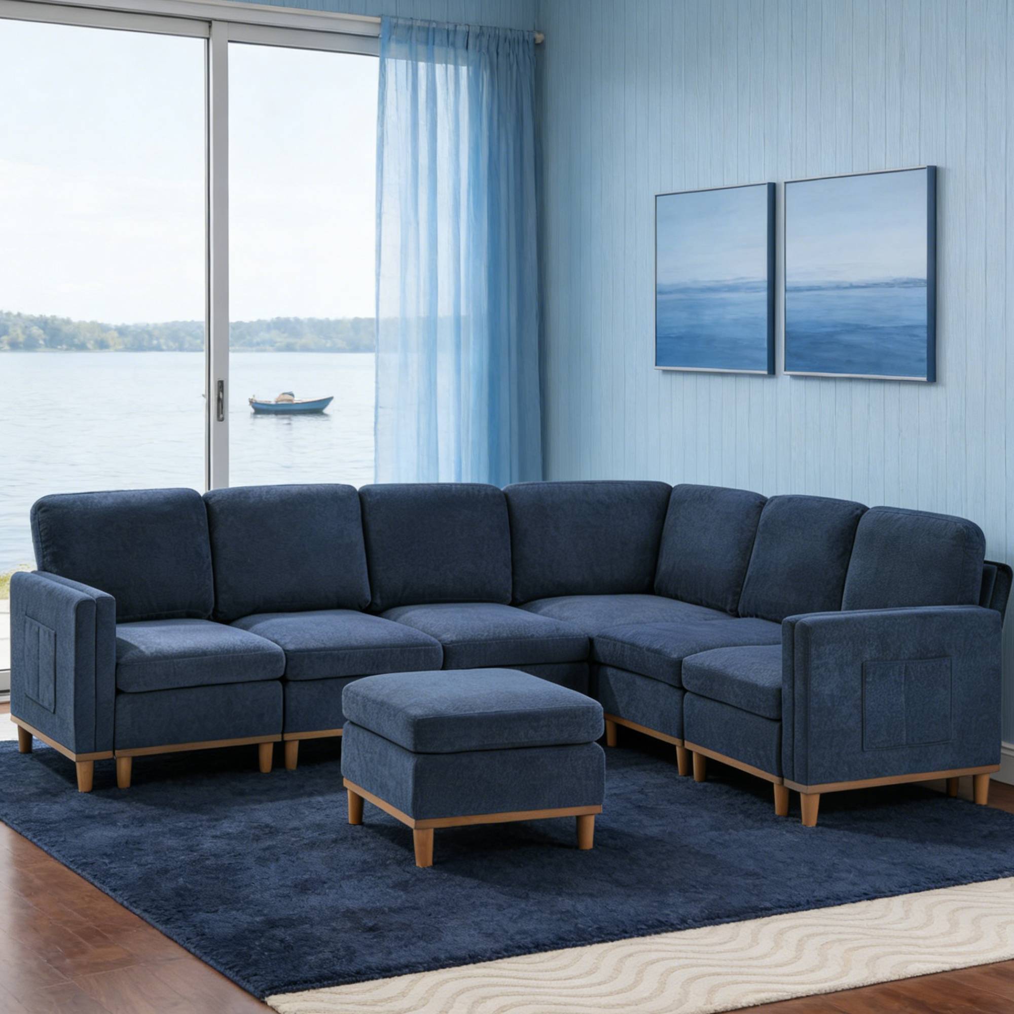Modular sofa for modern living in a serene lakeside room, highlighting its versatile design and adaptability for home and office use.