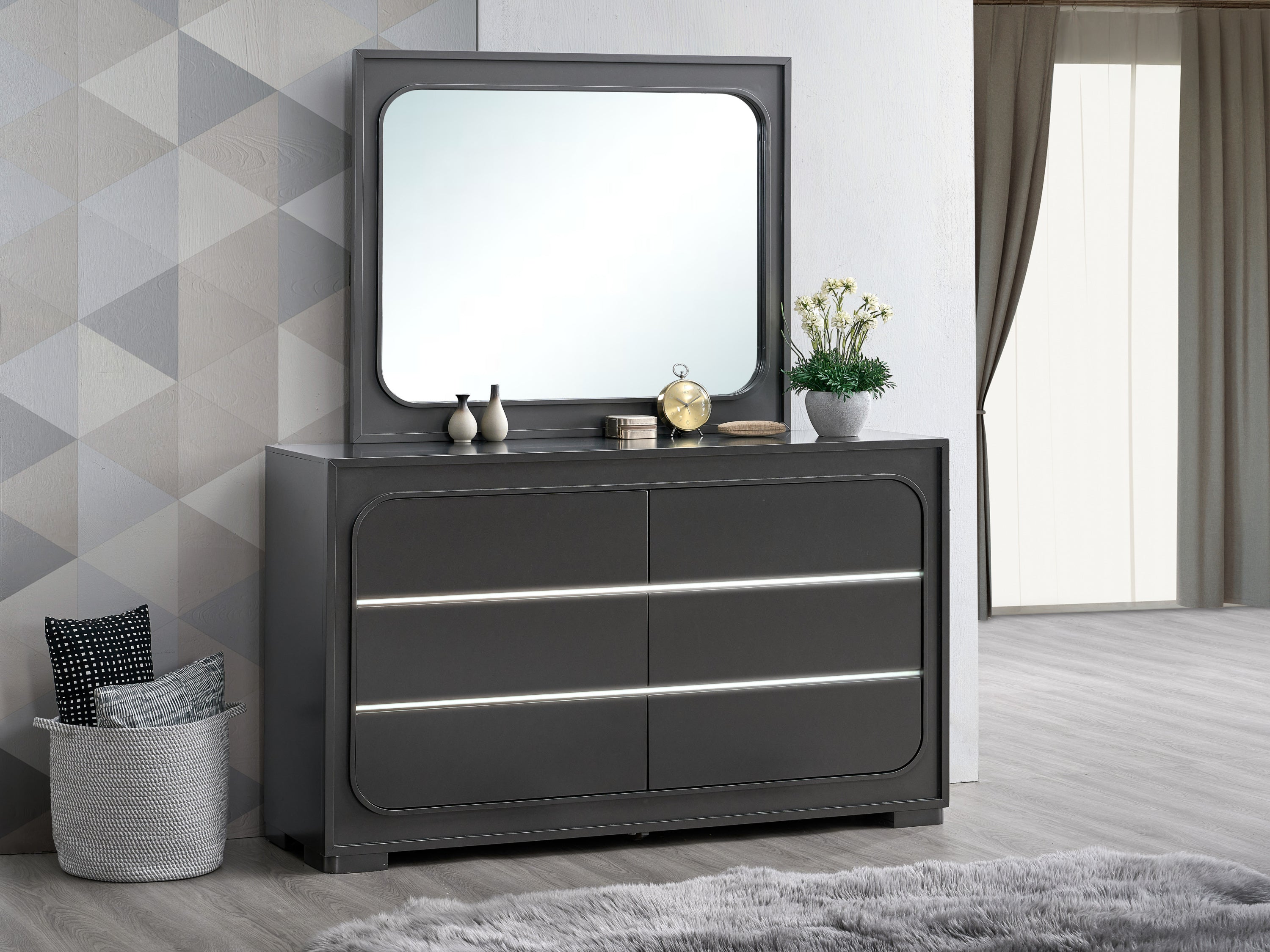 Wave 61-Inch Modern Wenge Wood Dresser with Touchless LED Lighting