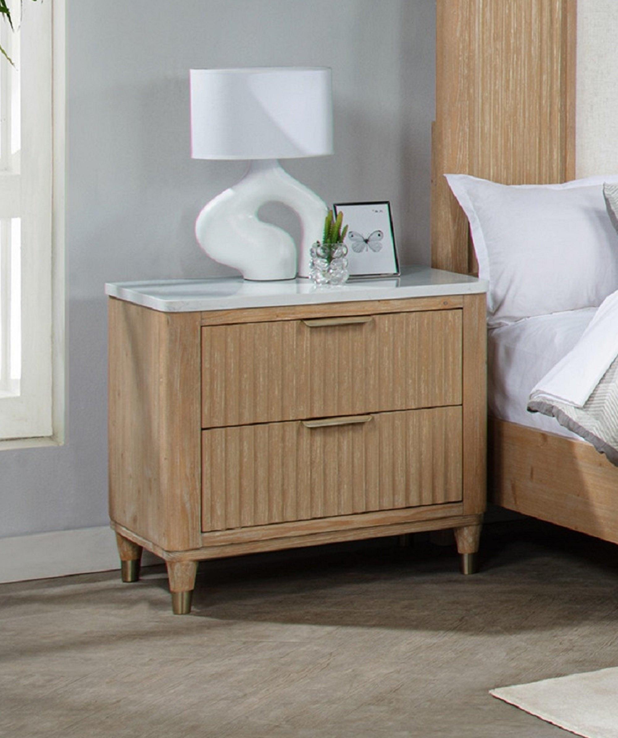Modern Wood Nightstand with Storage and Engineered Stone Top.