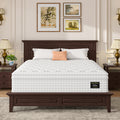 14'' King Memory Foam Hybrid Mattress on dark wood bed frame in elegant bedroom. Ergonomic comfort with pressure relief and fiberglass-free design.