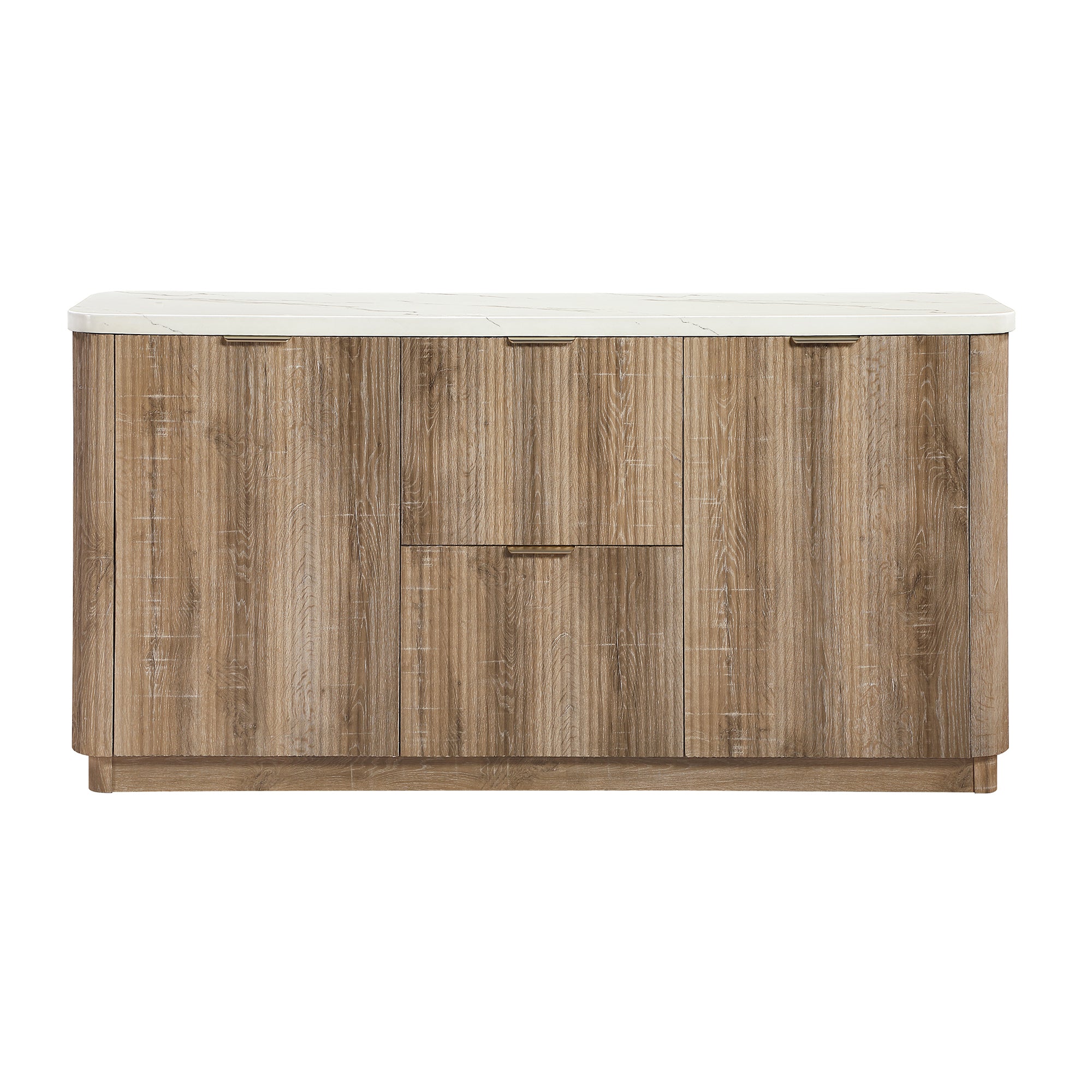 Farmhouse buffet in natural wood finish with a marble-like top, central drawers, and side cabinets on white background.