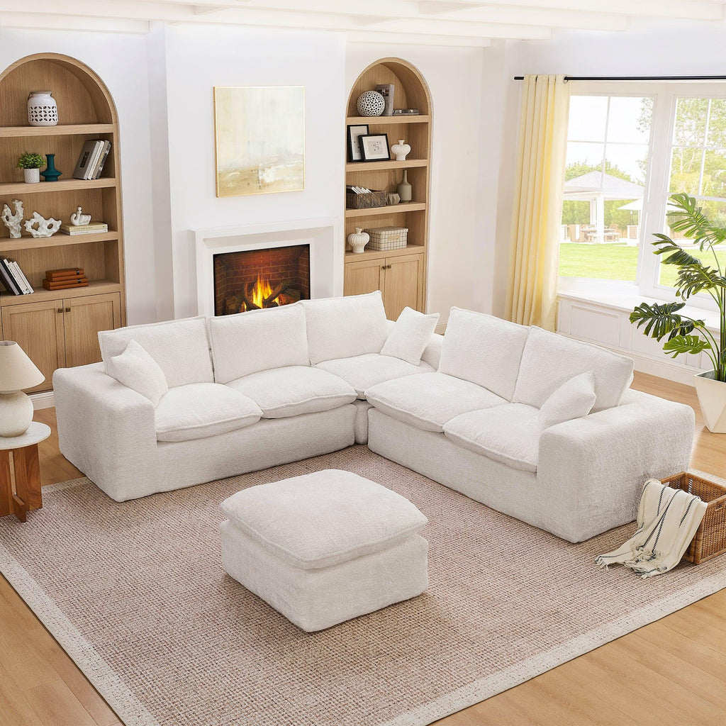 Modern Boucle L-shaped Sectional Sofa with Ottoman.