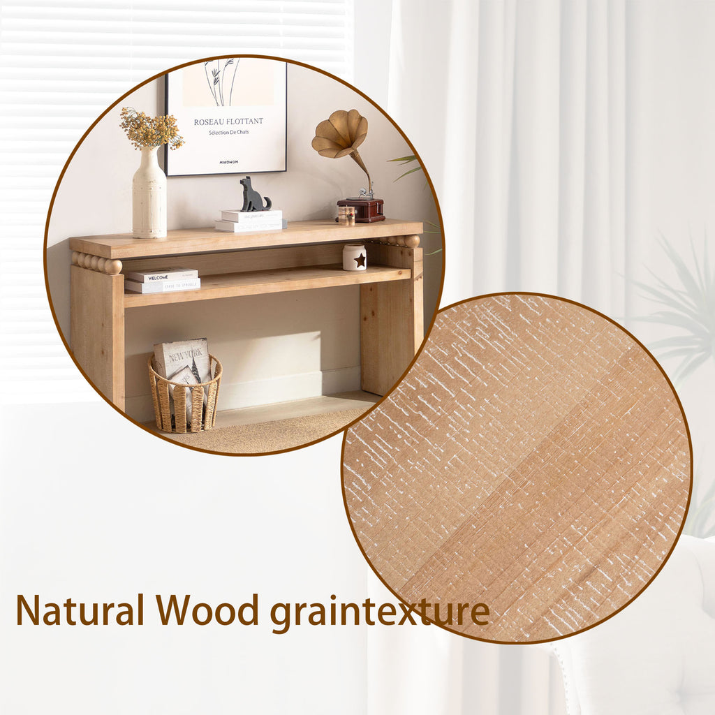 Natural wood grain texture of 59 inch rustic console table highlighted in close-up, perfect for modern farmhouse interiors.