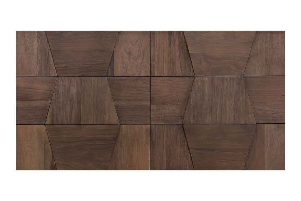 Detailed view of Walnut 6-Drawer Dresser front panel featuring geometric wood pattern design in a traditional style finish.