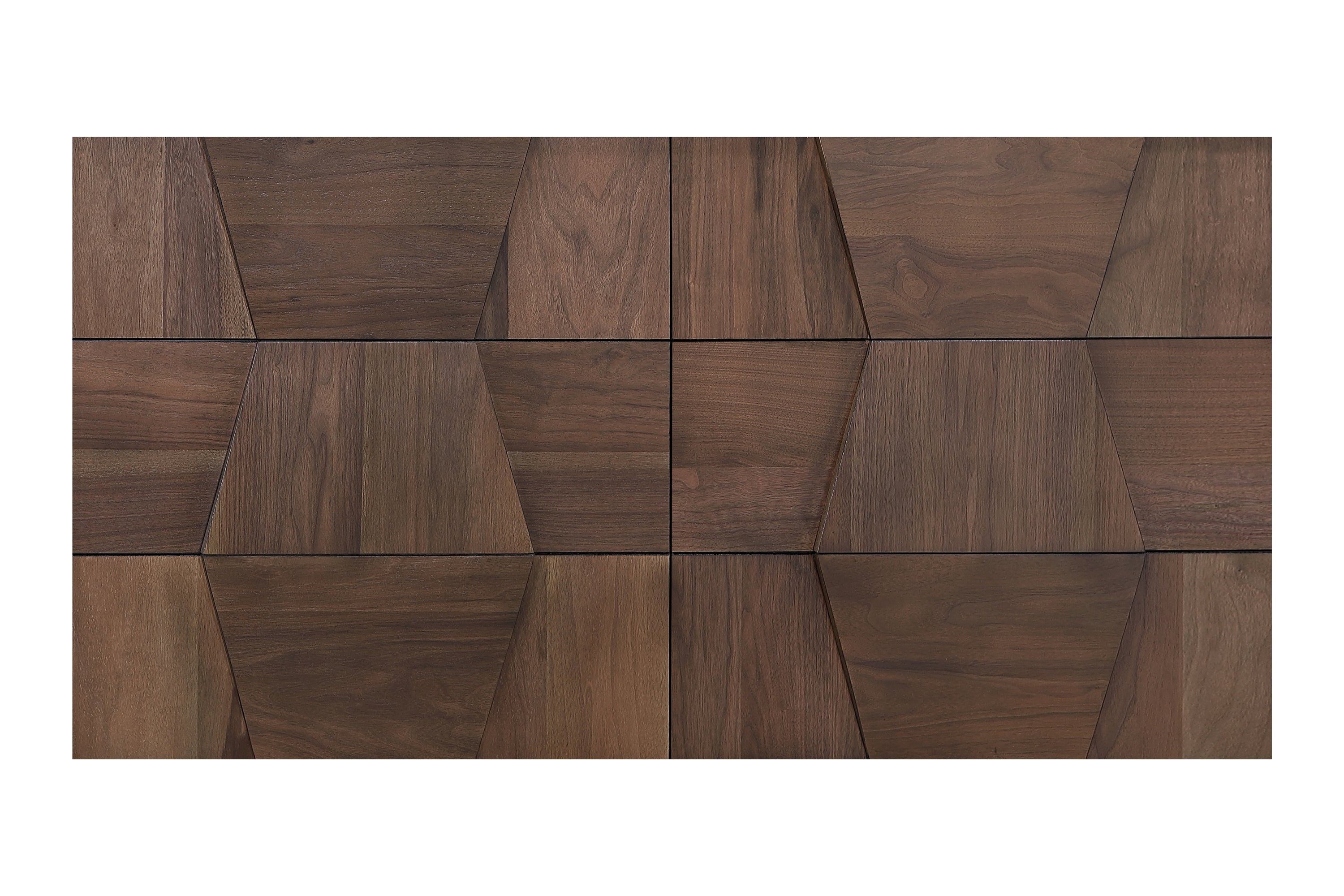 Detailed view of Walnut 6-Drawer Dresser front panel featuring geometric wood pattern design in a traditional style finish.