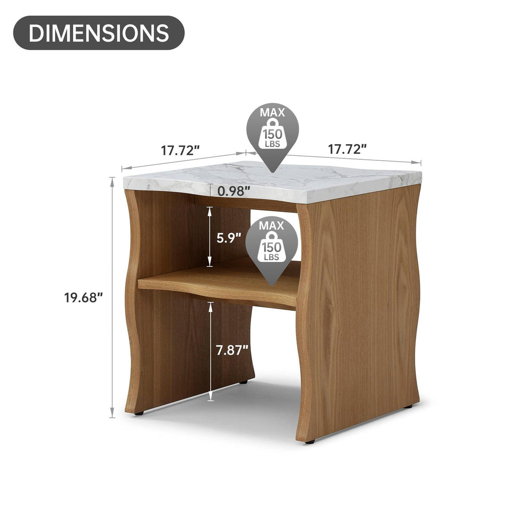 17.72' Whisper of Waves Modern End Table w/ Storage Shelf, Faux Marble Table w/ Solid Wood Veneered Table Base, Bedroom Nightstand, Accent Side Table for Living Room Apartment, Natural Wood Color.