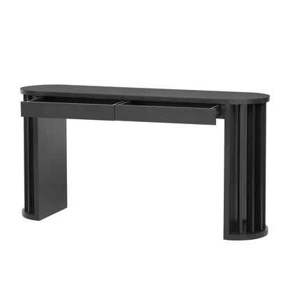 U_Style 59-inch Long Console Table,Oak Veneer Sofa Table,Curved and Straight Line Design,Behind the Couch, Farmhouse Entryway Table for Entrance, Hallway, Living Room (Black)