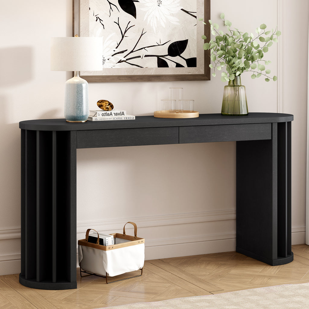 U_Style 59-inch Long Console Table,Oak Veneer Sofa Table,Curved and Straight Line Design,Behind the Couch, Farmhouse Entryway Table for Entrance, Hallway, Living Room (Black)