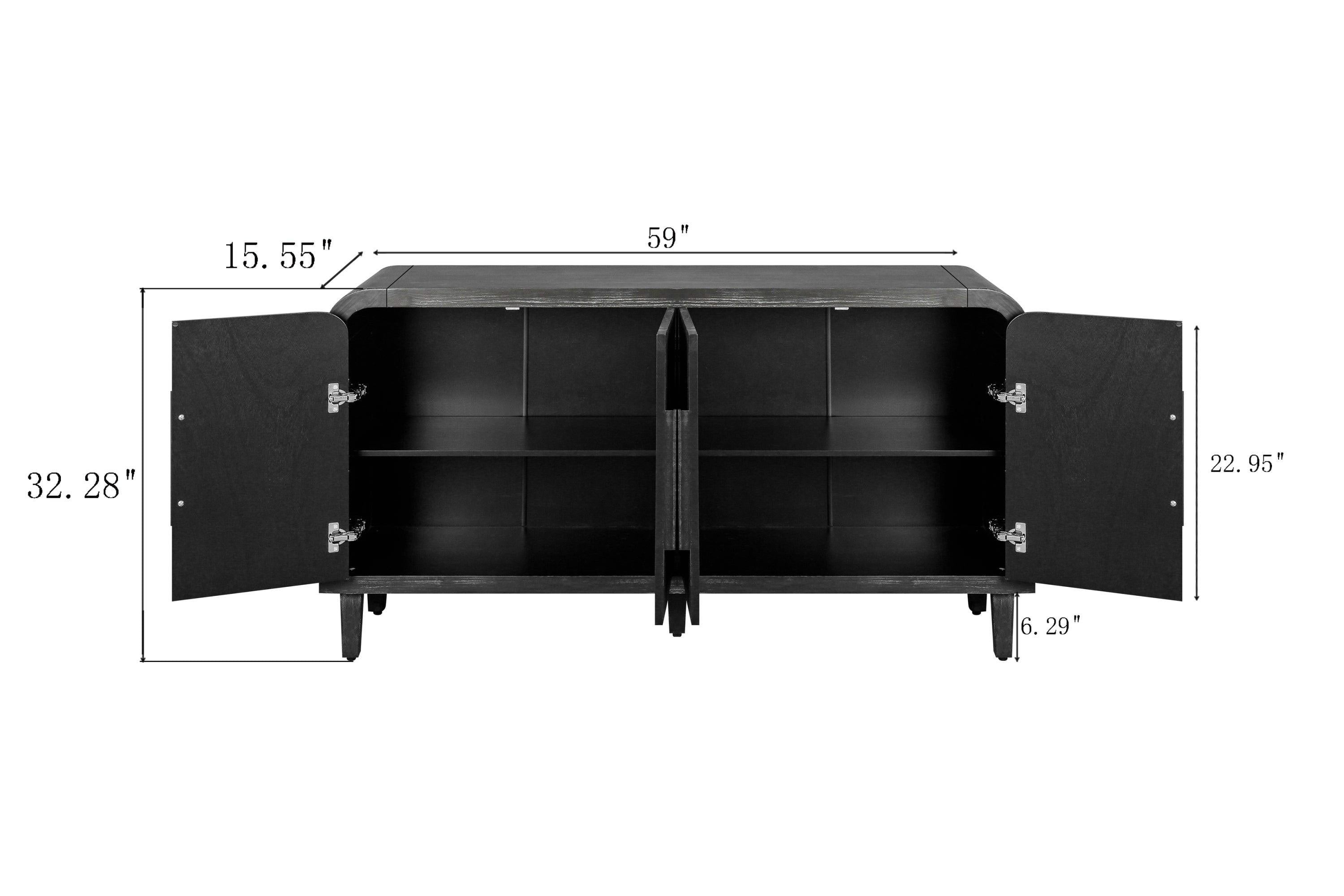 59 Inch Farmhouse Curved Vintage Sideboard in Antique Black.
