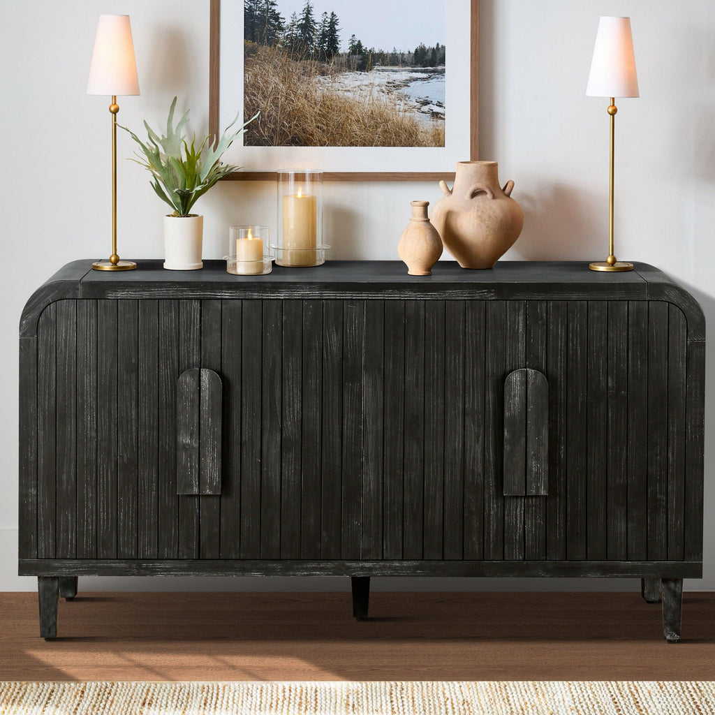 59 Inch Farmhouse Curved Vintage Sideboard in Antique Black.