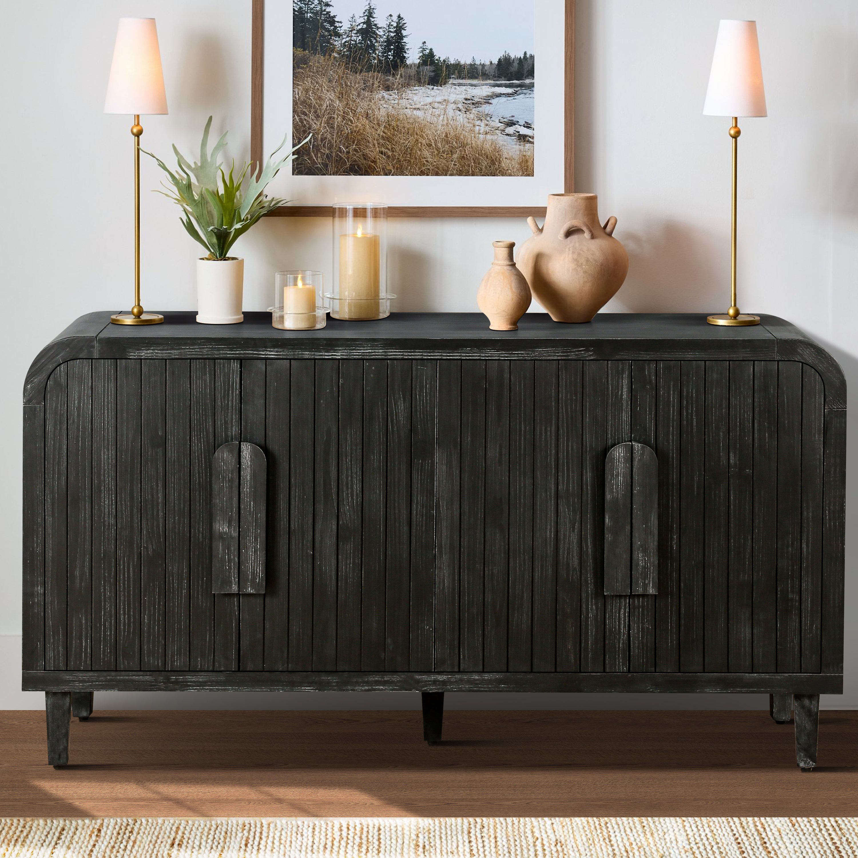 59'' Farmhouse Curved Vintage Storage Sideboard with Large Wooden Handles, Vertical Wood Grain Carving and Adjustable Shelves for Kitchen,Dining Room (Antique Black)