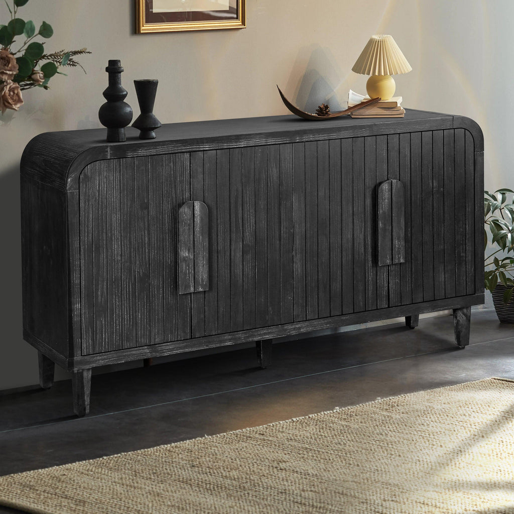 59 Inch Farmhouse Curved Vintage Sideboard in Antique Black.