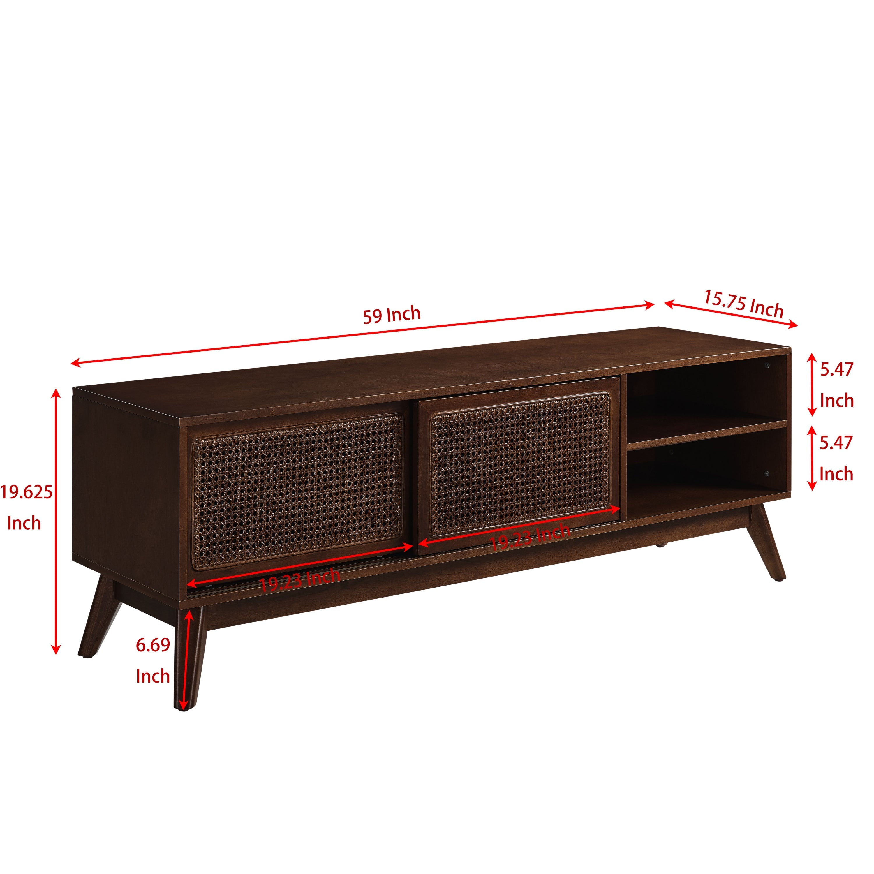 59 Inch Mid Century Modern Rattan TV Stand for 65 Inch TV, Entertainment Cabinet, Media Console for Living Room Media Room, Solid Wood Feet & Rattan Cabinet Doors - Dark Wood