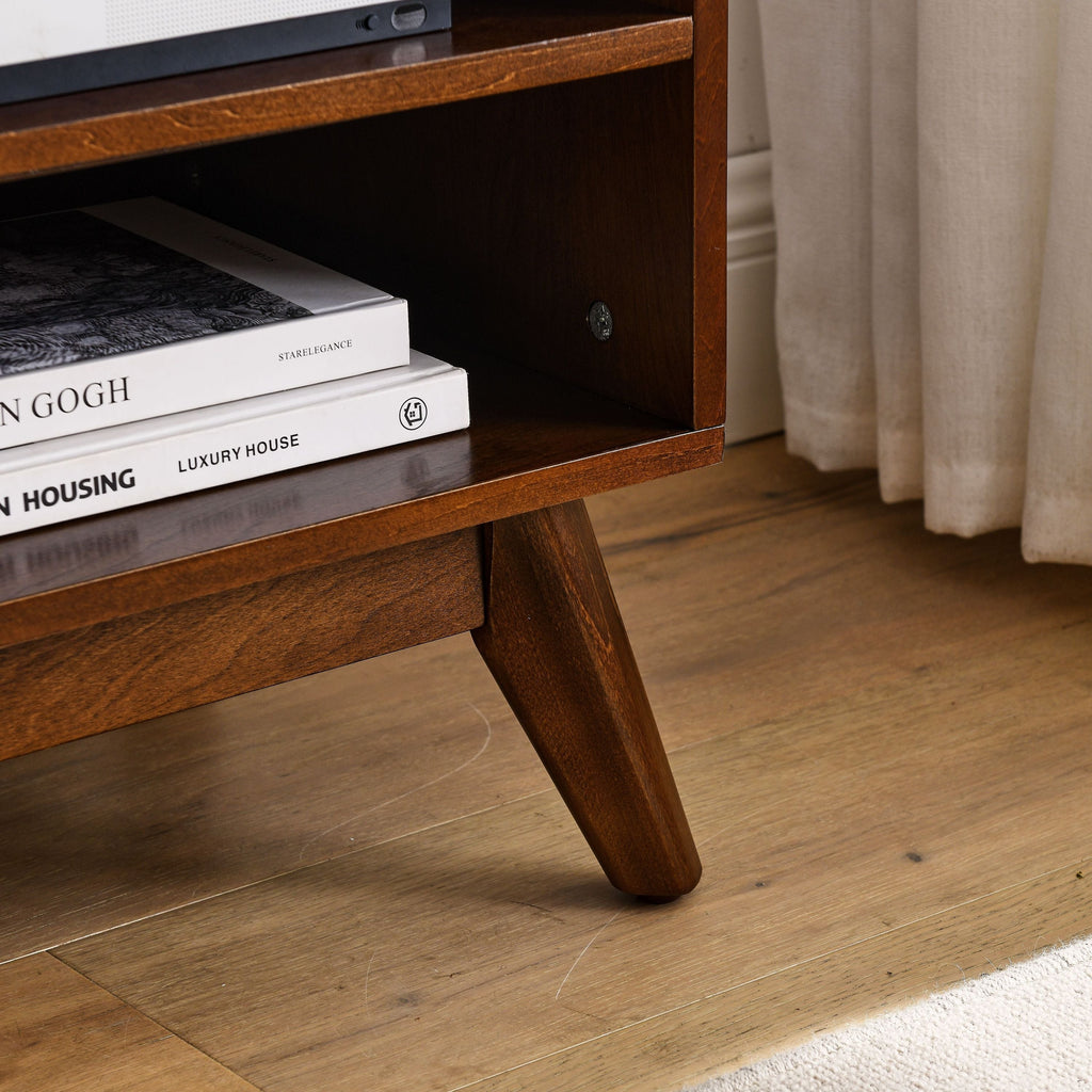 59 Inch Mid Century Modern Rattan TV Stand for 65 Inch TV, Entertainment Cabinet, Media Console for Living Room Media Room, Solid Wood Feet & Rattan Cabinet Doors - Dark Wood