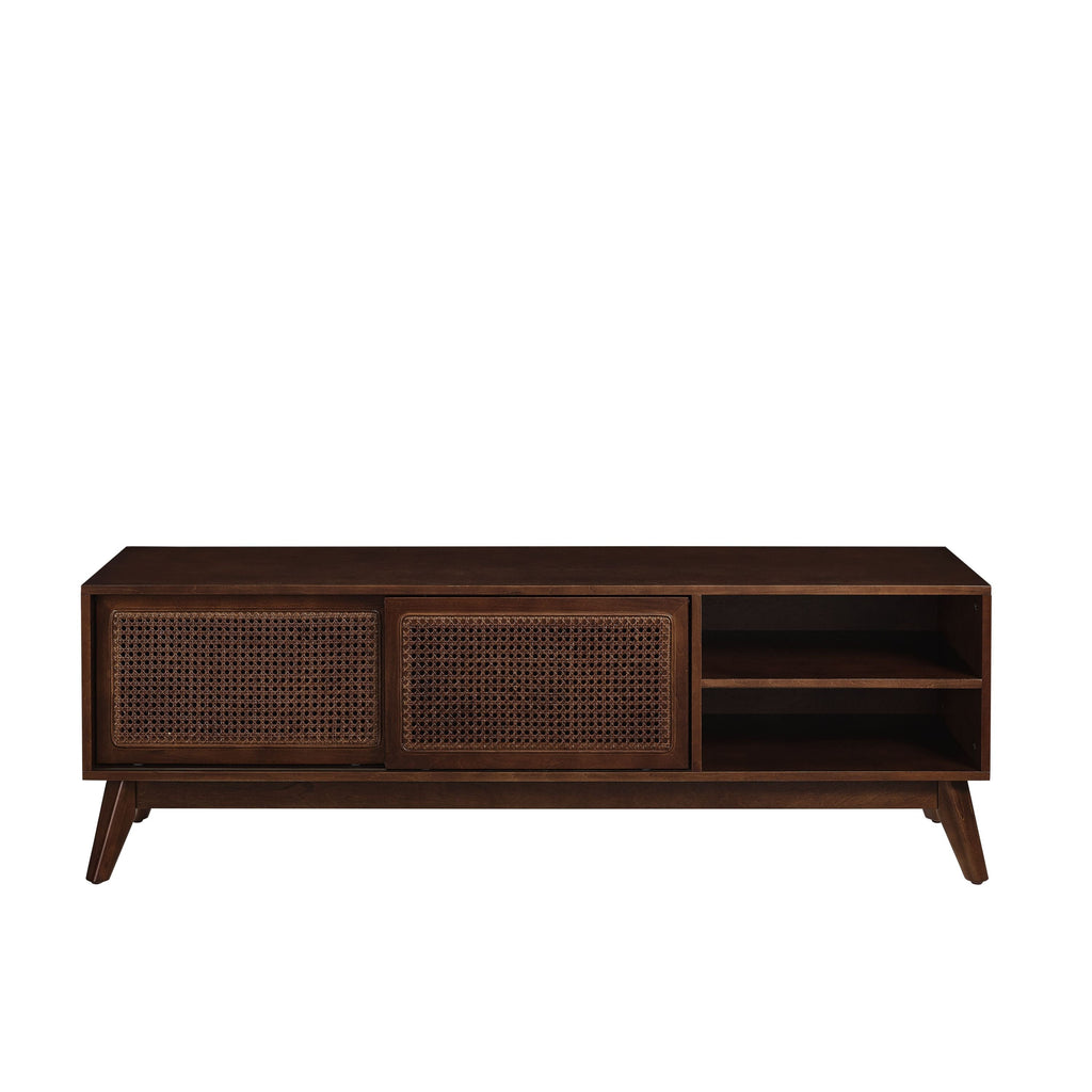 59 Inch Mid Century Modern Rattan TV Stand for 65 Inch TV, Entertainment Cabinet, Media Console for Living Room Media Room, Solid Wood Feet & Rattan Cabinet Doors - Dark Wood