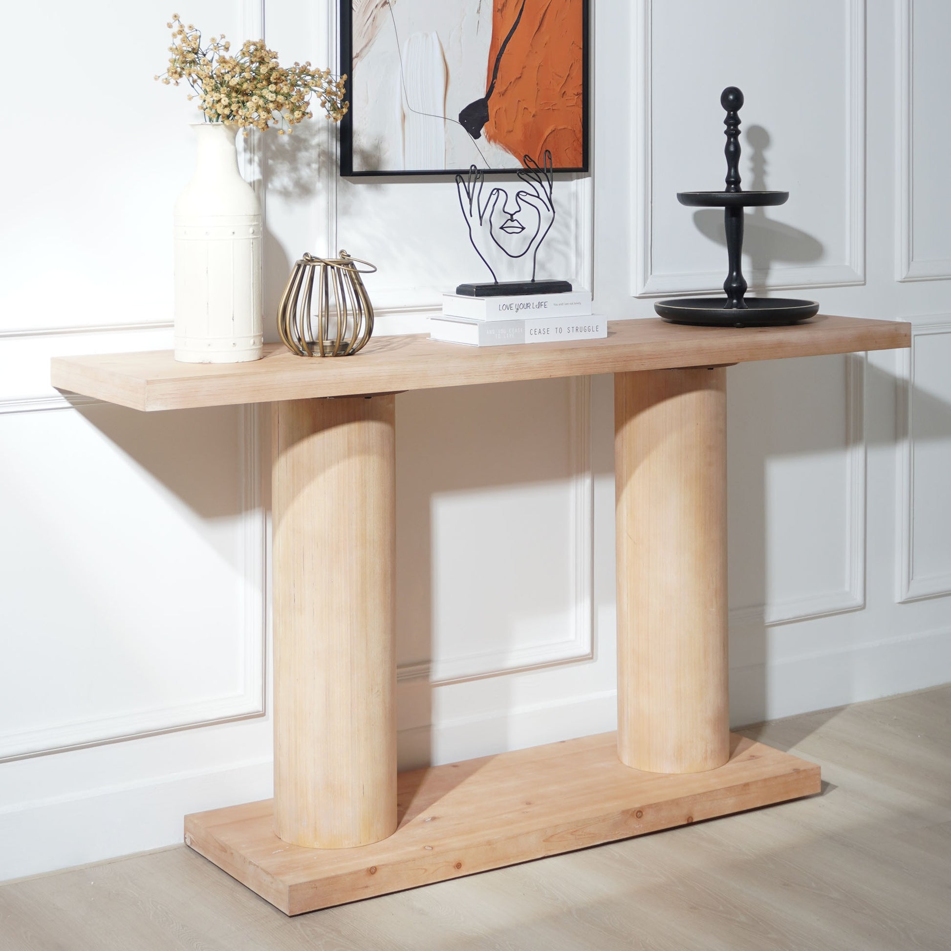 59in Modern Minimalist Wooden Console Table with Column Pedestal Design – Elegant Decorative Accent for Entryway, Living Room, and Hallway