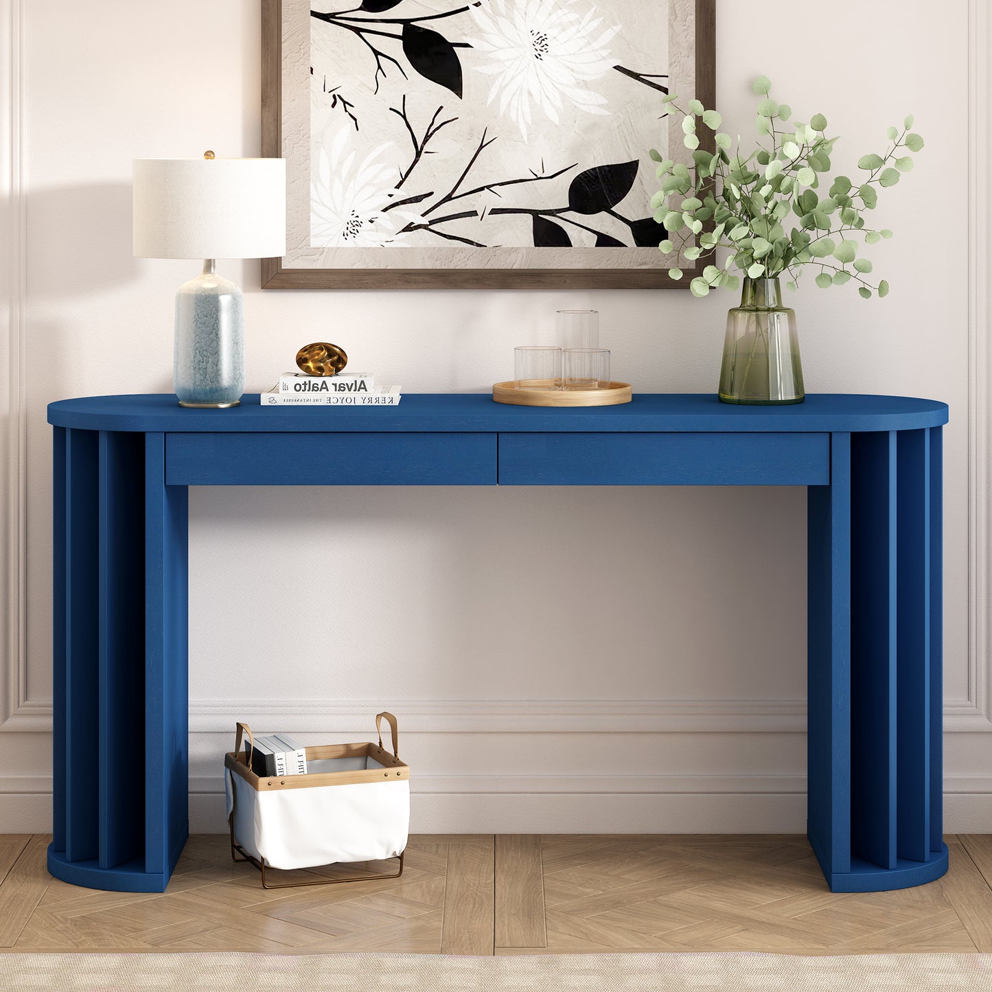 U_Style 59-inch Long Console Table,Oak Veneer Sofa Table,Curved and Straight Line Design,Behind the Couch, Farmhouse Entryway Table for Entrance, Hallway, Living Room (Navy Blue)