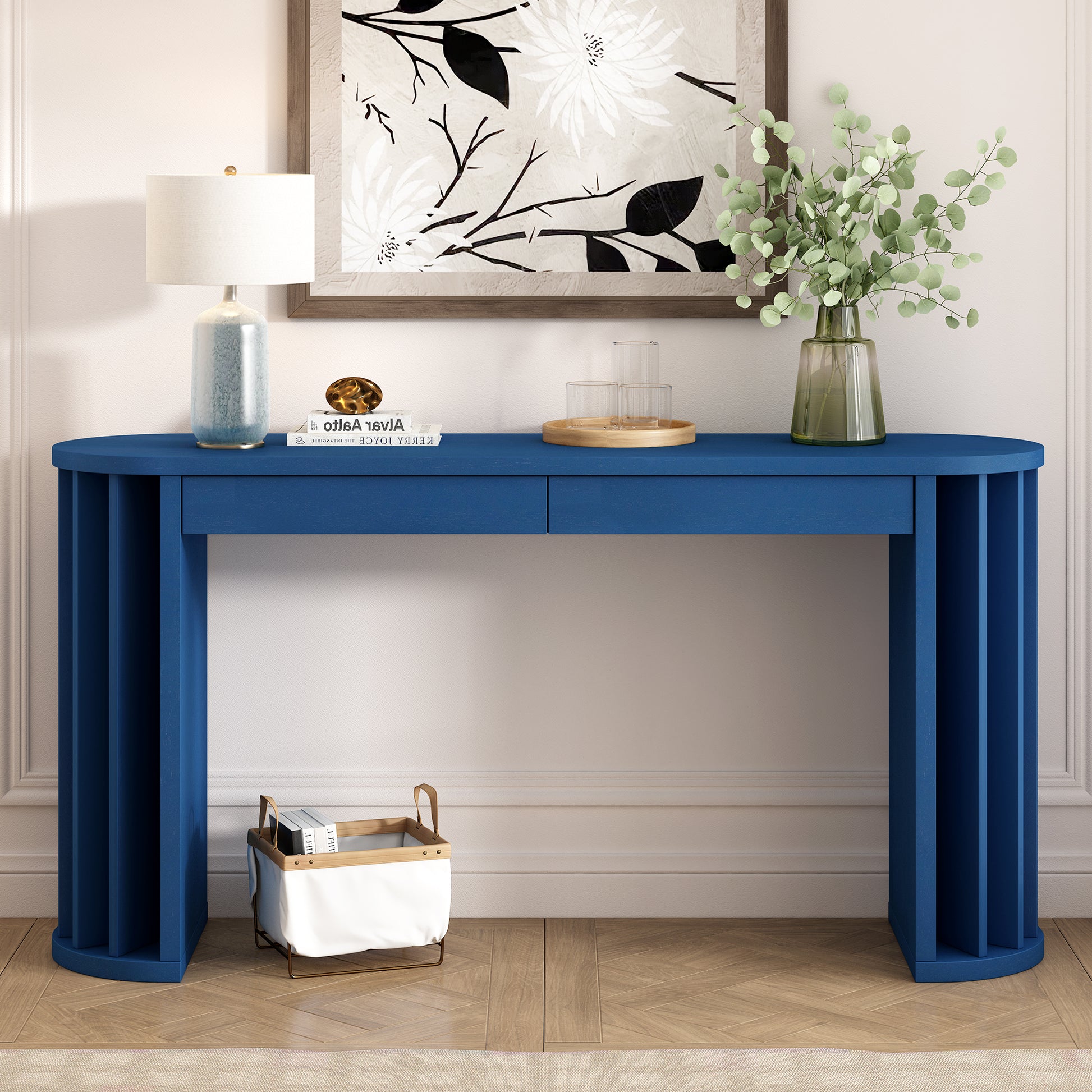 U_Style 59-inch Long Console Table,Oak Veneer Sofa Table,Curved and Straight Line Design,Behind the Couch, Farmhouse Entryway Table for Entrance, Hallway, Living Room (Navy Blue)