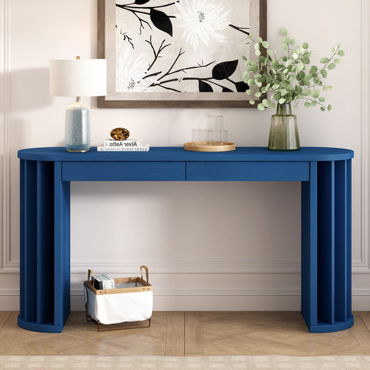 U_Style 59-inch Long Console Table,Oak Veneer Sofa Table,Curved and Straight Line Design,Behind the Couch, Farmhouse Entryway Table for Entrance, Hallway, Living Room (Navy Blue)